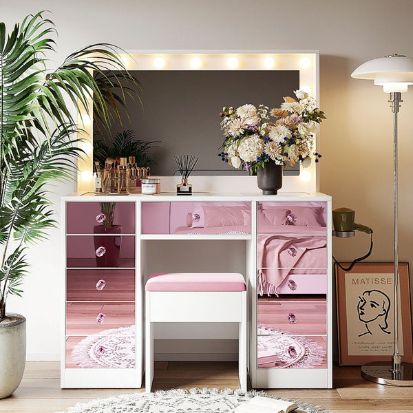 English Elm Makeup Vanity Desk Set with Hollywood Led Mirror Cushioned Stool and Crystal Drawer Pulls N704P340230K