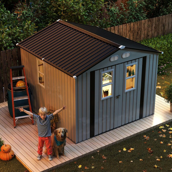 English Elm Outdoor Metal Storage Shed 8x8 Ft with Four Windows and Lockable Double Doors White W1598S00037
