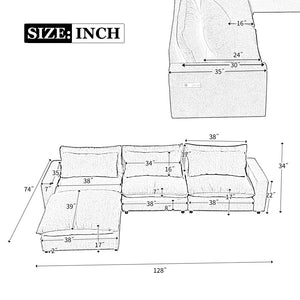 English Elm 128" Sectional Sofa Cloud Sofa Chenille Upholstered Sofa Couch With Movable Ottoman, Comfortable Seat Cushions, Charging Ports and Three Back Pillows For Living Room, Grey