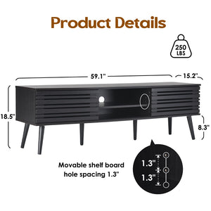 English Elm Mid Century Modern Fluted Wood Media Console with Storage Cabinets for Living Room Dark Walnut T3623P435375