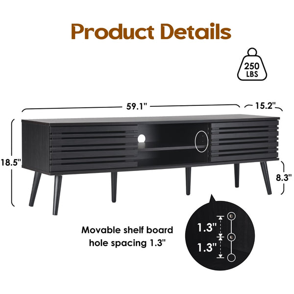 English Elm Mid Century Modern Fluted Wood Media Console with Storage Cabinets for Living Room Dark Walnut T3623P435375