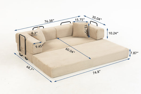 English Elm Full Foam Modular Sofa Bed Corduroy Upholstered Convertible Lounger for Studio Apartments Beige W3326P450777