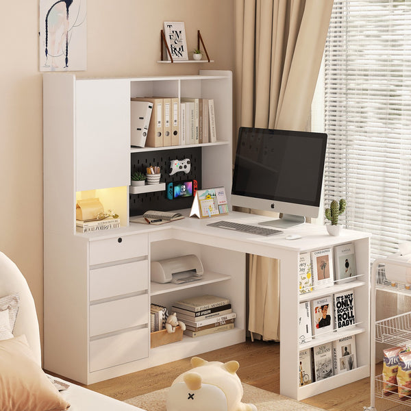 English Elm L Shaped Desk With Integrated Charger & Led Light – Modern Corner Computer & Gaming Workstation With Storage W1321S00016
