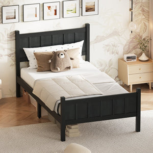 English Elm Twin Platform Bed Vertical Slat Headboard Farmhouse Shaker Wood Grain Finish Bedroom Black N733P422478E