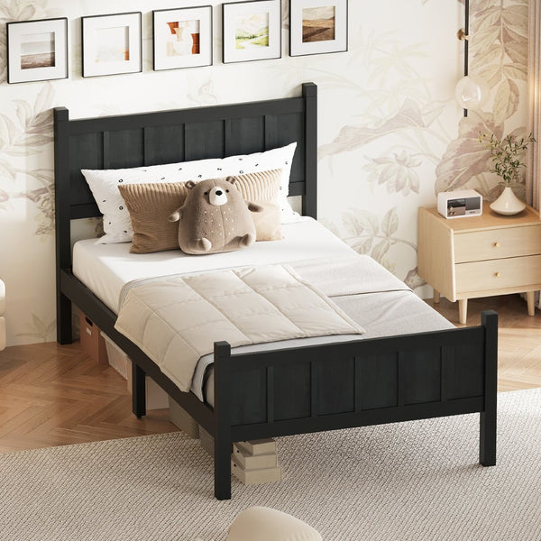 English Elm Twin Platform Bed Vertical Slat Headboard Farmhouse Shaker Wood Grain Finish Bedroom Black N733P422478E