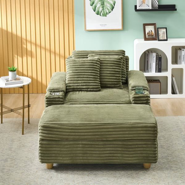 English Elm Green corduroy single sofa with ottoman storage, built-in armrest compartments, removable covers, 57"x41" W1658S00136