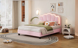 English Elm Full Size Upholstered Flower-Shape Bed, Elegant Flowers Headboard With Led Light Strip ,Sherpa Fabric Platform Bed With Wooden Slats Support, Pink