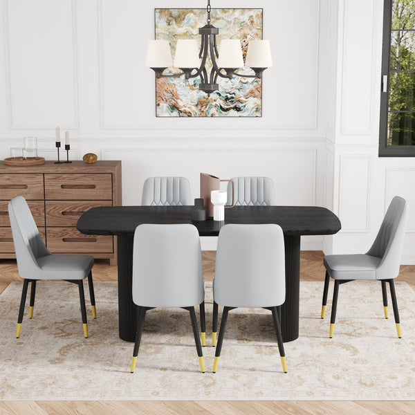 English Elm Table 7-Piece Modern Dining Set: Black Wood-Grain Table & 6 Light Gray Pu Chairs With Gold Accents W1151S04172-GIGA