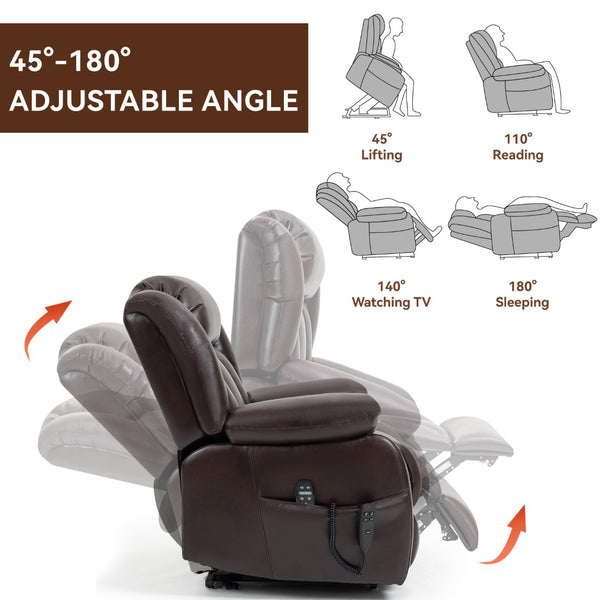 English Elm Dual Motor Power Lift Recliner with Massage Heat and 180 Degree Brown Lounge Chair W1803S00042