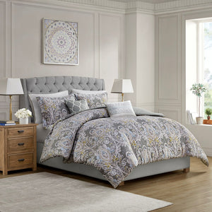 English Elm 5 Harbor House Hallie Cotton Duvet Cover Set King – Grey Damask Cotton Sateen, Embroidered Pillows, OEKO-TEX Certified B035129117