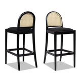 English Elm Panama 30.5" Curved Back Cane Rattan Bar Stool, Set Of 2, Ebony Black Boucle