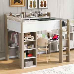 English Elm Full Size Wood Loft Bed With Desk, Wardrobe & Storage Shelves - Stylish Space-Saving Solution! N7090005007K