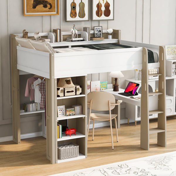 English Elm Full Size Wood Loft Bed With Desk, Wardrobe & Storage Shelves - Stylish Space-Saving Solution! N7090005007K