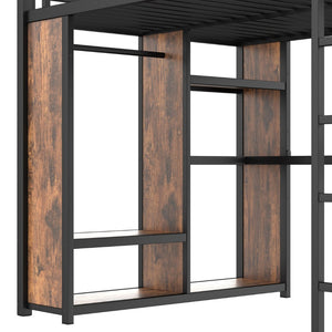 English Elm Queen Size Loft Bed Frame With Integrated Wardrobe, Desk & Storage Shelves For Space-Saving Style W1580S00178-GIGA