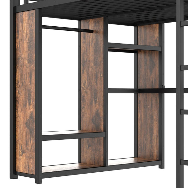 English Elm Queen Size Loft Bed Frame With Integrated Wardrobe, Desk & Storage Shelves For Space-Saving Style W1580S00178-GIGA