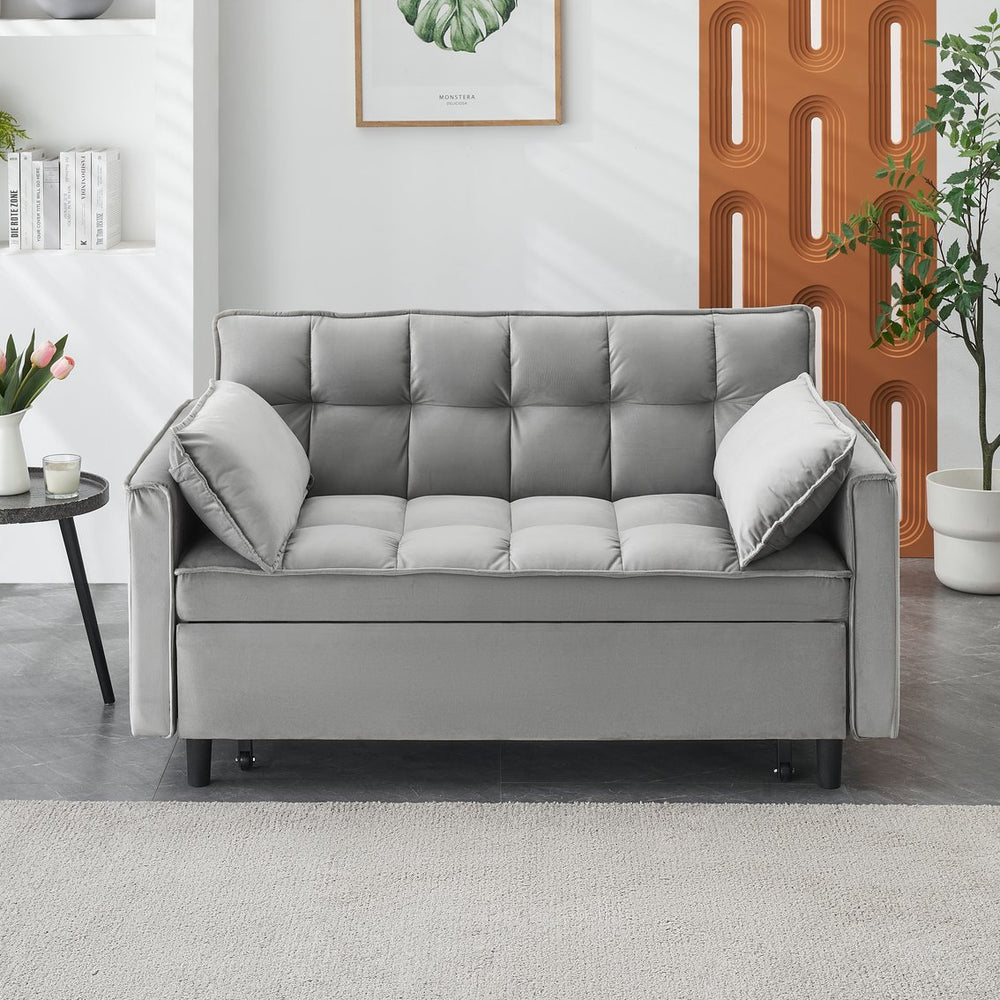 English Elm Modern Velvet Loveseat Futon Sofa Bed 3-in-1 Convertible Small Sleeper Couch with Recline, Pillows, Pockets, Beige Gray W3371P315000