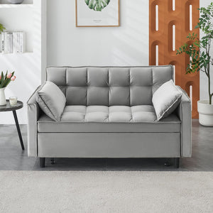 English Elm Modern Velvet Loveseat Futon Sofa Bed 3-in-1 Convertible Small Sleeper Couch with Recline, Pillows, Pockets, Beige Gray W3371P315000