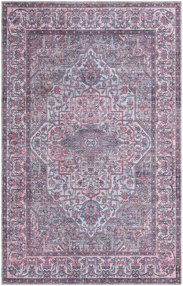 Unique Loom Mangata Mireille Machine Made Border Rug Beige and pink, Light Blue/Gray/Red/Black 5' 11" x 9' 0"