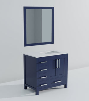 English Elm Navy Blue Bath Vanity 36" W X 22" D With Right Offset White Quartz Top & Elegant 34" Mirror Set B2731S00694
