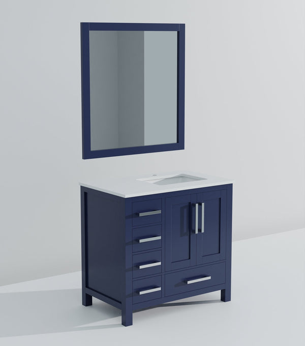 English Elm Navy Blue Bath Vanity 36" W X 22" D With Right Offset White Quartz Top & Elegant 34" Mirror Set B2731S00694