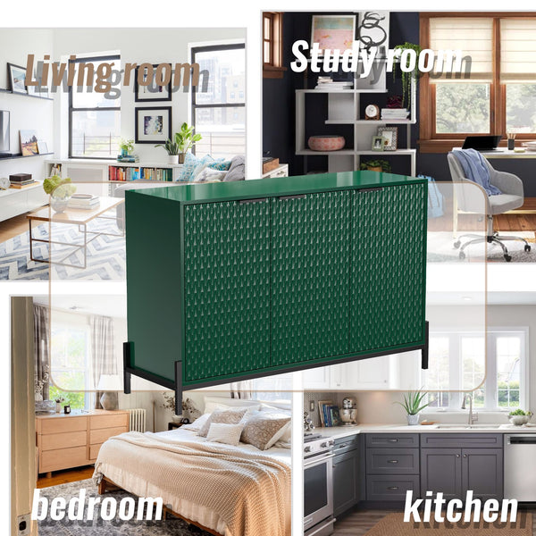 English Elm Modern Green High Gloss 3-Door Cabinet | Stylish Buffet Sideboard with Gold Handles & Sturdy Metal Legs T3609P333083