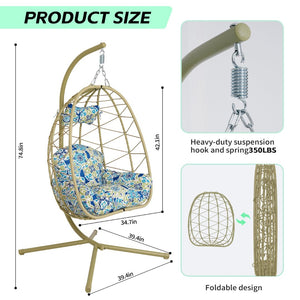 English Elm Hanging Egg Swing Chair Pe Wicker with Stand Washable Cushion Patio Bedroom T5880P497575