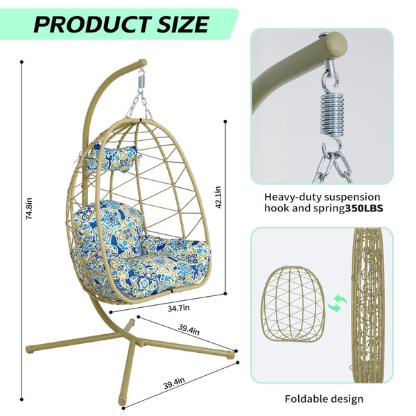 English Elm Hanging Egg Swing Chair Pe Wicker with Stand Washable Cushion Patio Bedroom T5880P497575