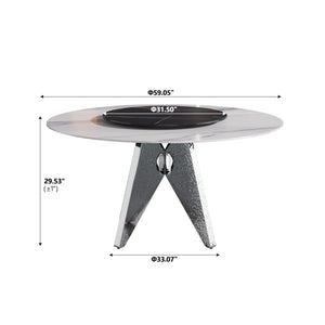 English Elm 59.05" Round Marble Dining Table With Silver Base, Lazy Susan, Seats 6-8, Modern Two-Tone Design W1535S00395