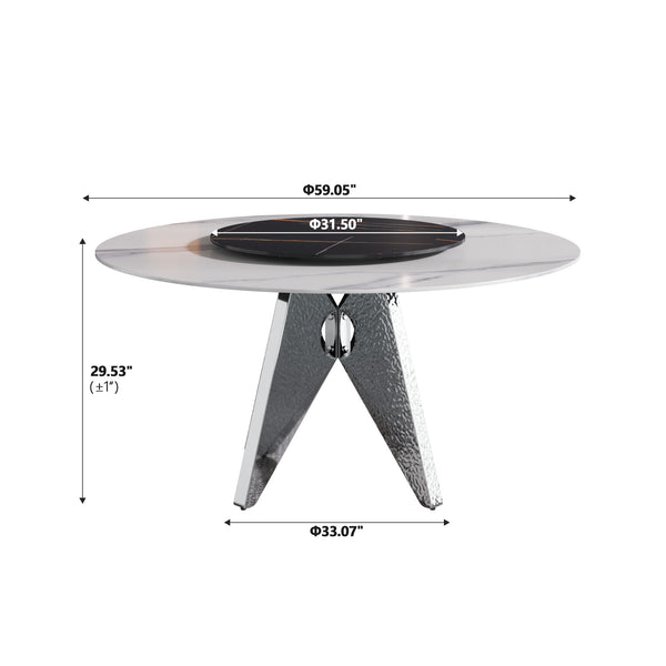 English Elm 59.05" Round Marble Dining Table With Silver Base, Lazy Susan, Seats 6-8, Modern Two-Tone Design W1535S00395
