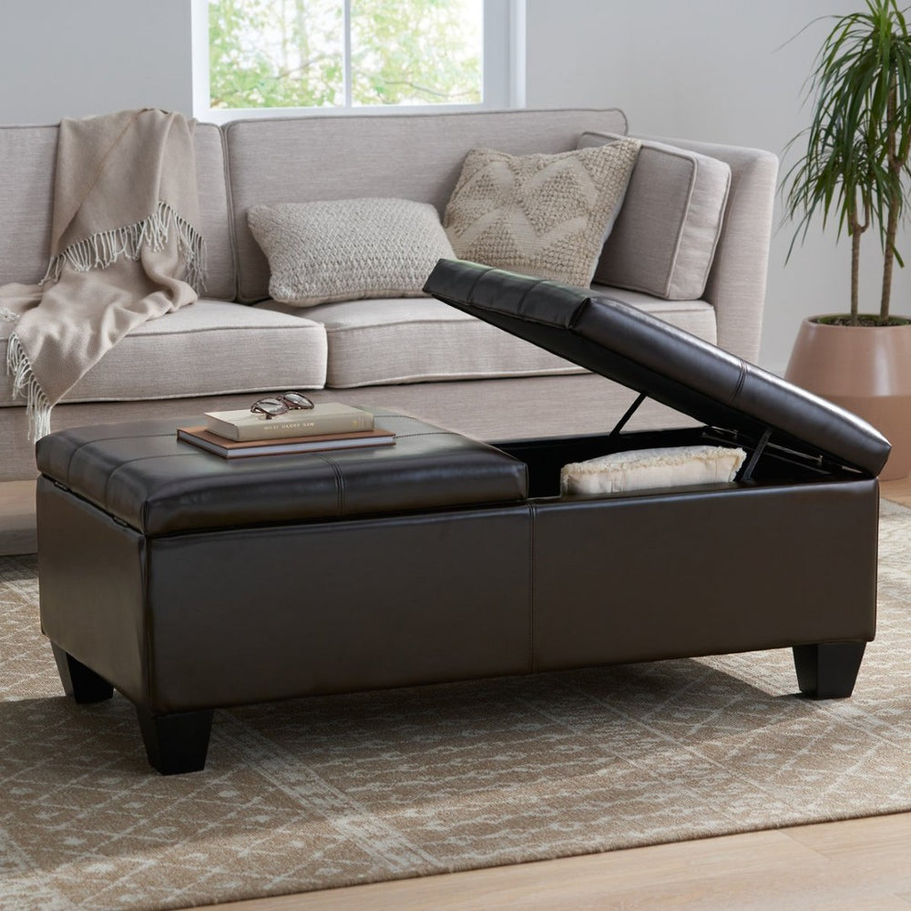 English Elm Upholstered Bonded Leather Storage Ottoman with Dual Access Tufted Top for Living Rooms N757P415615R