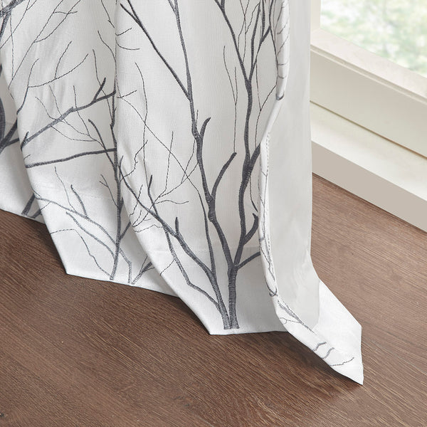 JLA Home Madison Park - Curtain embroidered faux silk panel with tree branch motif, lined for privacy, luxe sheen and drape White WIN40-100