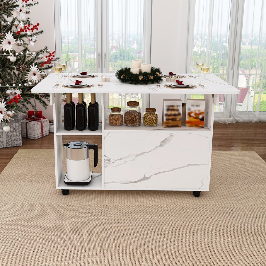English Elm Multi-Functional Folding Table with Wheels and Hidden Shelves, 47" Space-Saving Desk for Small Rooms White W2700P342543