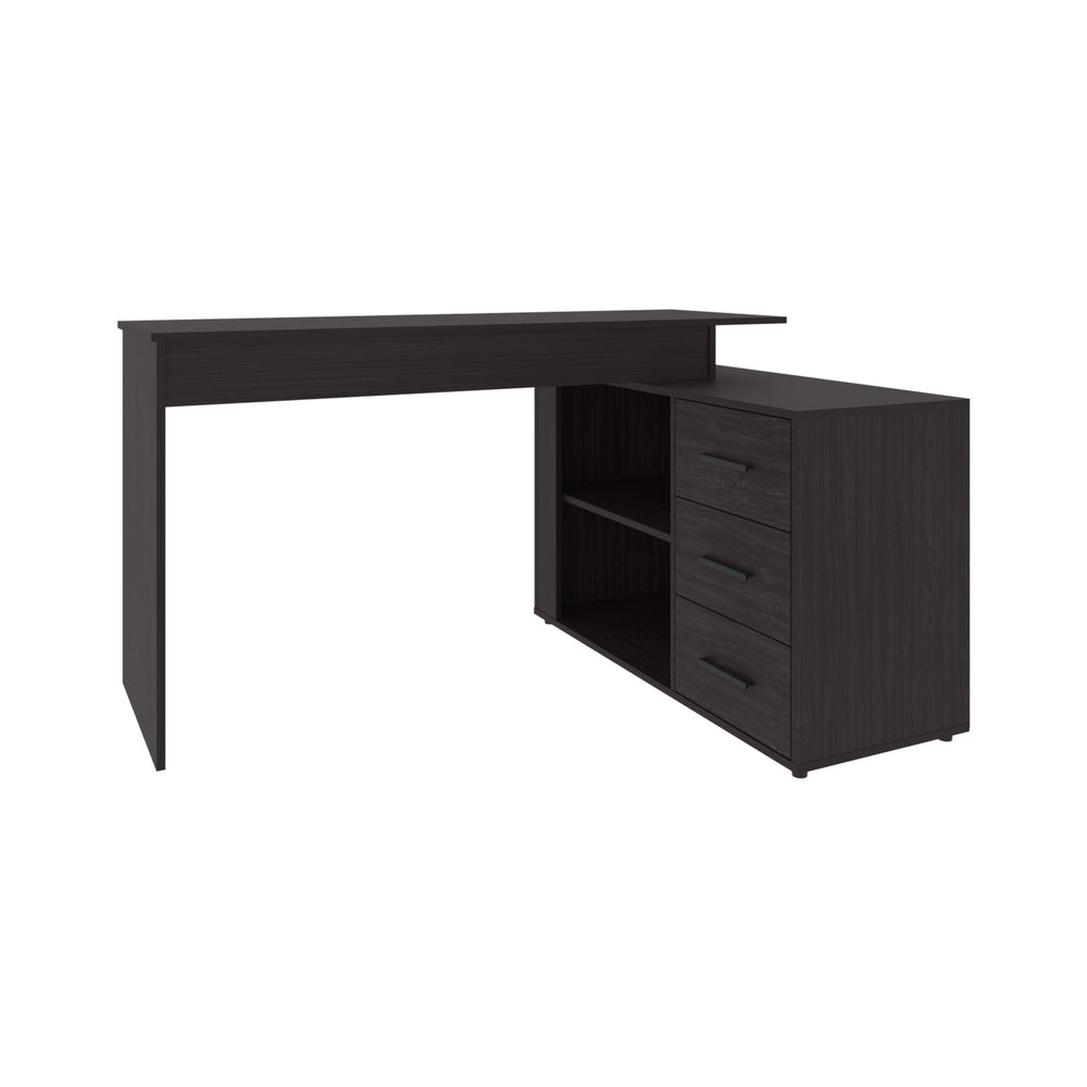 English Elm Upton L-Shape Desk in Black Wengue Finish — Corner Space-Saving Home Office with Open Shelves B200P362021