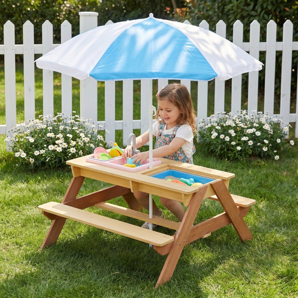 English Elm Wooden Cedar Kids Activity Table with Shade Umbrella for Backyard Sand and Water Play W2640P454242