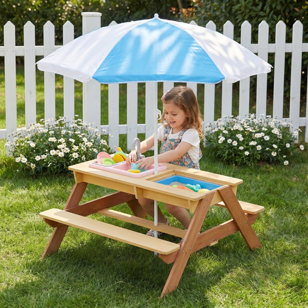 English Elm Wooden Cedar Kids Activity Table with Shade Umbrella for Backyard Sand and Water Play W2640P454242