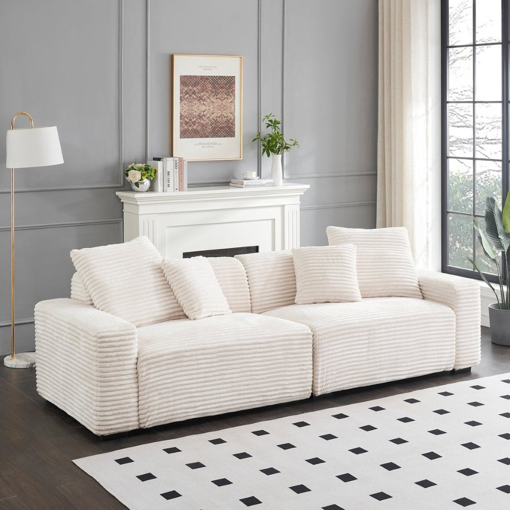 English Elm 104.72-inch Four-seat Corduroy Sofa Beige Textured Fabric with Pillows for Living Room W1658P328856