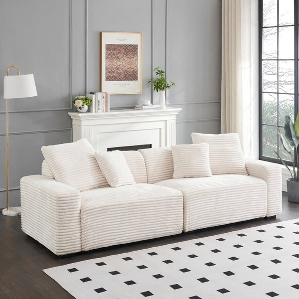English Elm 104.72-inch Four-seat Corduroy Sofa Beige Textured Fabric with Pillows for Living Room W1658P328856
