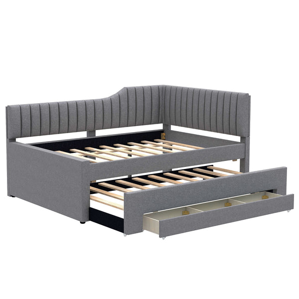 English Elm Full Upholstered Daybed with Trundle and Three Drawers, Linen-Blend Fabric, Space-Saving Guest Bed, Storage-Friendly Design Gray DL002058AAE