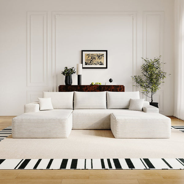 English Elm 107"Cloud Plush Corduroy Sectional Sofa with Ottoman No-Assembly Modular U-Shaped Deep Seat Comfort and Versatile Living Room Solution White W2824S00115