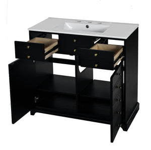 English Elm 36'' Bathroom Vanity with Ceramic Sink Combines Retro Solid Wood Frame, Soft-Close Drawers & Ample Storage Black N710P195628B