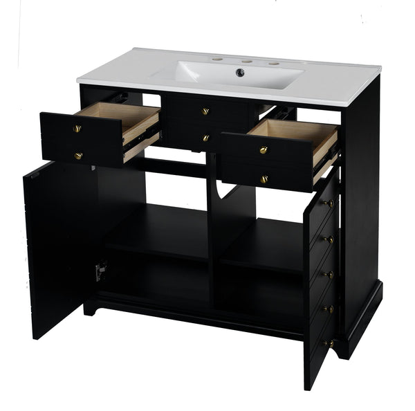 English Elm 36'' Bathroom Vanity with Ceramic Sink Combines Retro Solid Wood Frame, Soft-Close Drawers & Ample Storage Black N710P195628B