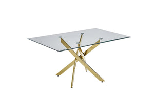 English Elm Modern Tempered Glass Dining Table with Gold Iron Frame for Home or Office Golden W3590S00004