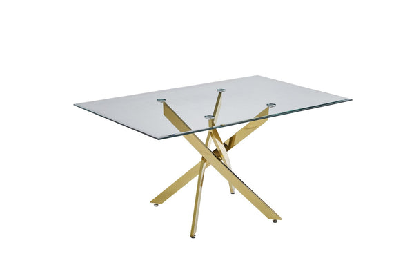 English Elm Modern Tempered Glass Dining Table with Gold Iron Frame for Home or Office Golden W3590S00004