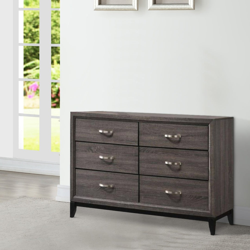 English Elm Transitional Six Drawer Dresser Gray Veneer Finish with Black Chamfered Legs Bedroom B056P416778