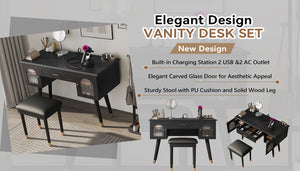 English Elm Elegant Vanity Makeup Table with Charging Station & Carved Glass Door, Sturdy Stool Included Black N844P285188B