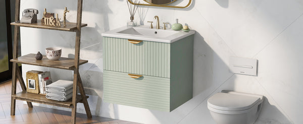 English Elm Modern 24-Inch Wall-Mounted Bathroom Vanity with 2 Drawers, Gold Handles, Space-Saving Luxury Green WF324047AAF