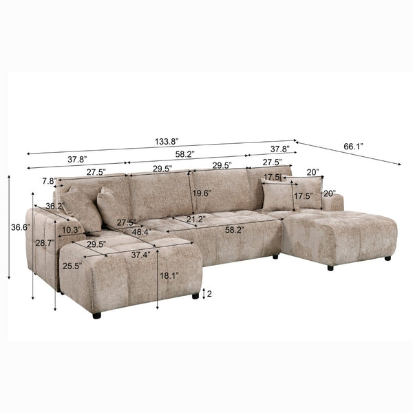 English Elm Oversized Sectional Sleeper Sofa with Pull Out Bed Dual Storage Chaise Four Pillows Light Brown W1417S00227