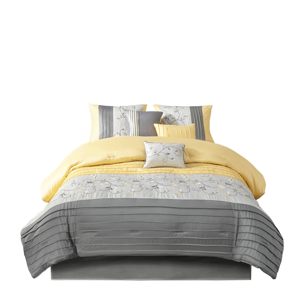 English Elm Embroidered 7-Piece Comforter Set - Luxurious Yellow & Grey King Bedding With Floral Elegance B03596981