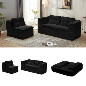 English Elm Multi Purpose Corduroy Sectional with Chaise Converts to King Floor Bed Deep Seat Black W3219S00007
