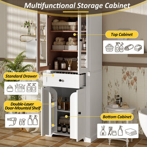 English Elm 67.2" Tall Bathroom Storage Cabinet with Tempered Glass Doors, Adjustable Shelves, Soft-Close Hinges and Anti-Tip Safety White N729P310006K